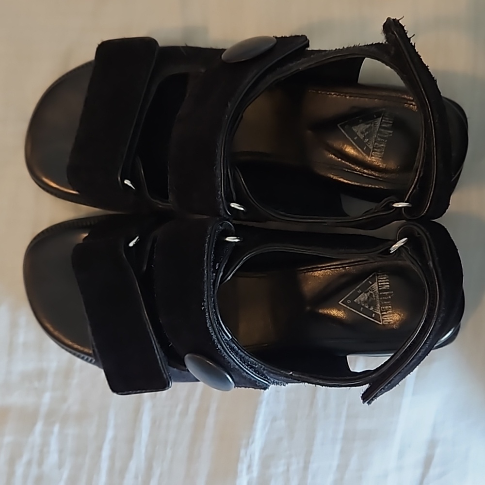 Velcro black suede low heel sandal